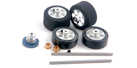 NSR-9217 - Front+Rear Kit for Fly Trucks, with trued rubber tires (rear) & rubber tires (front)